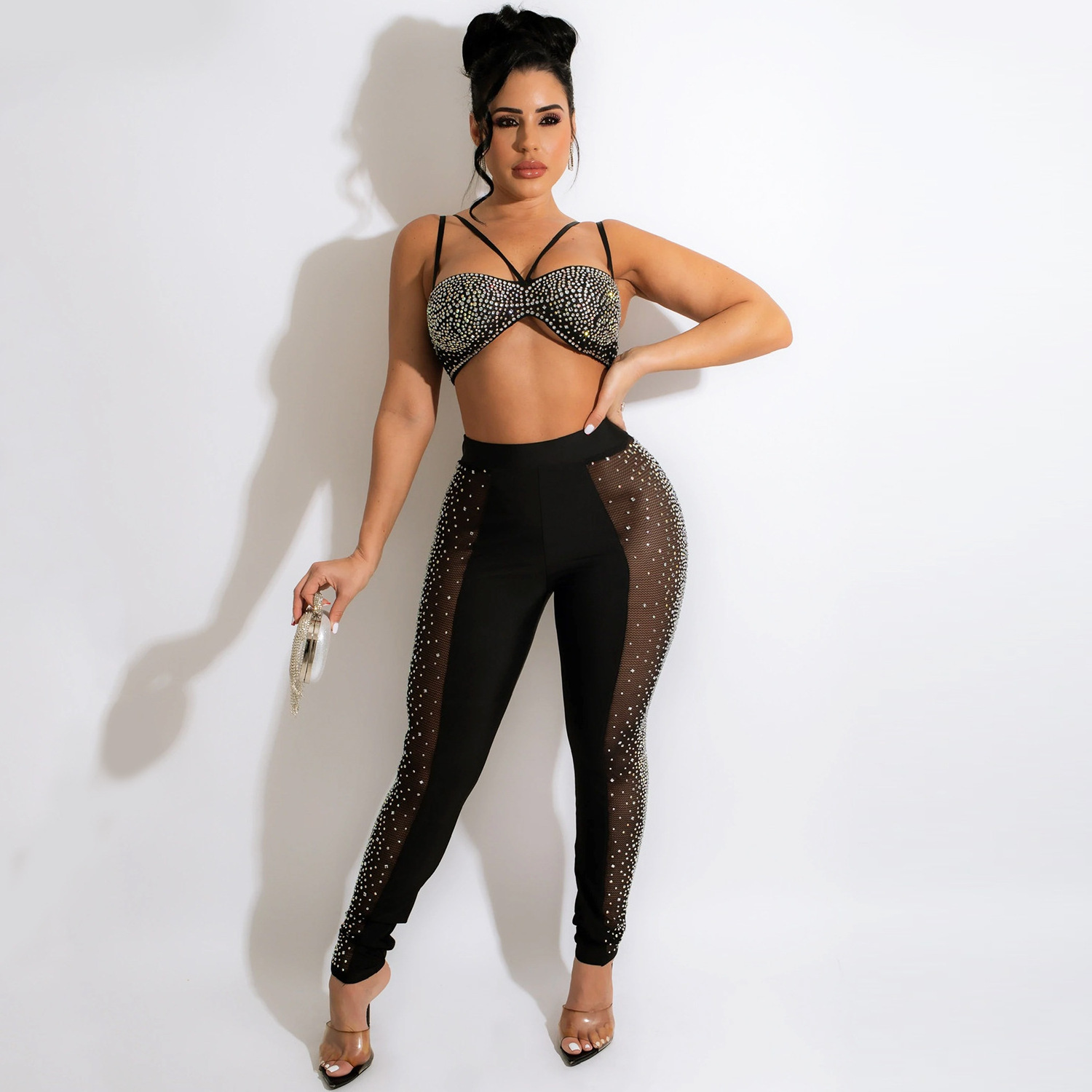 M4470 sexy cute mesh rhinestone crop top and pants women club outfits two piece set