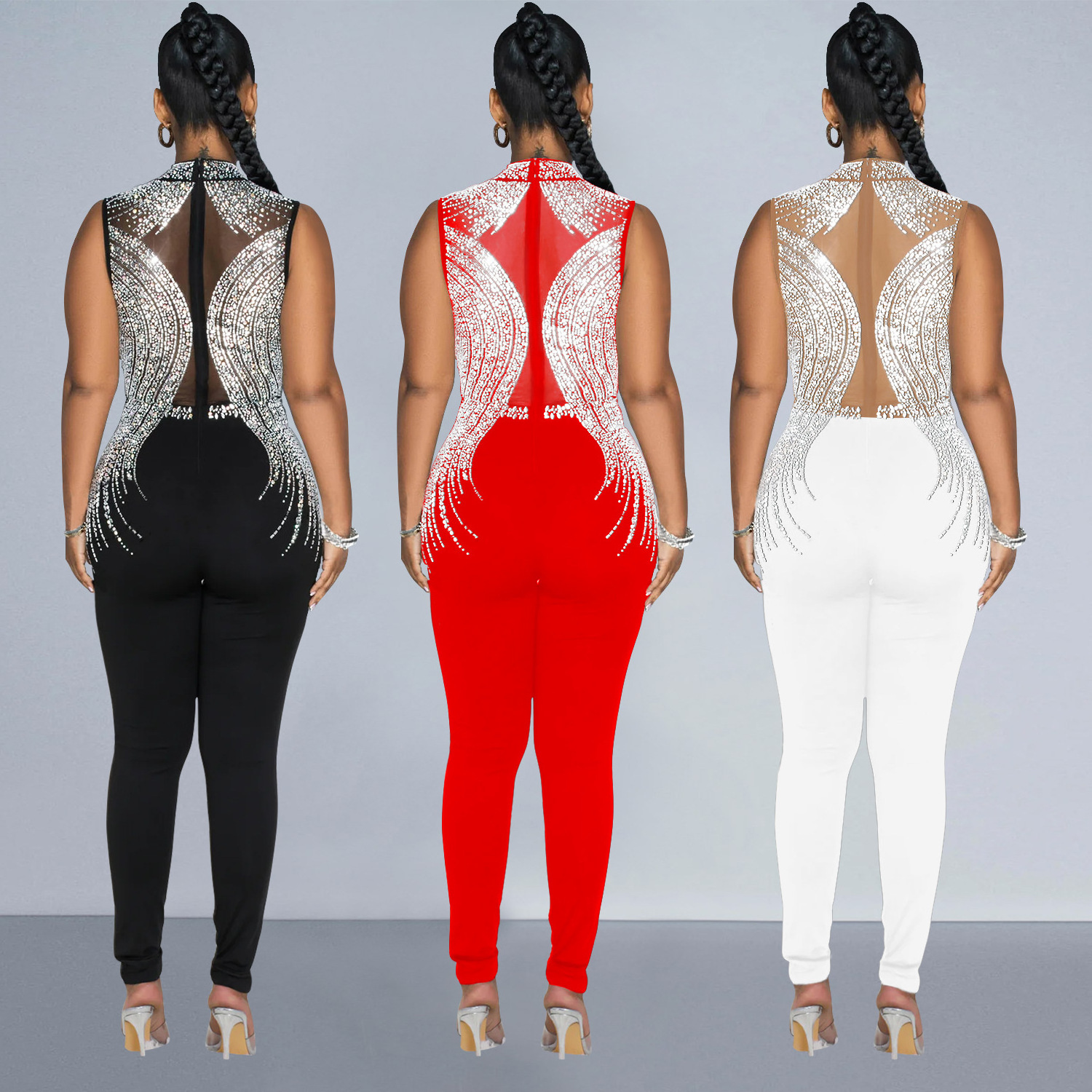 M6973 - fashion mesh sleeveless see through rhinestone bling bodycon sexy long rompers women jumpsuit