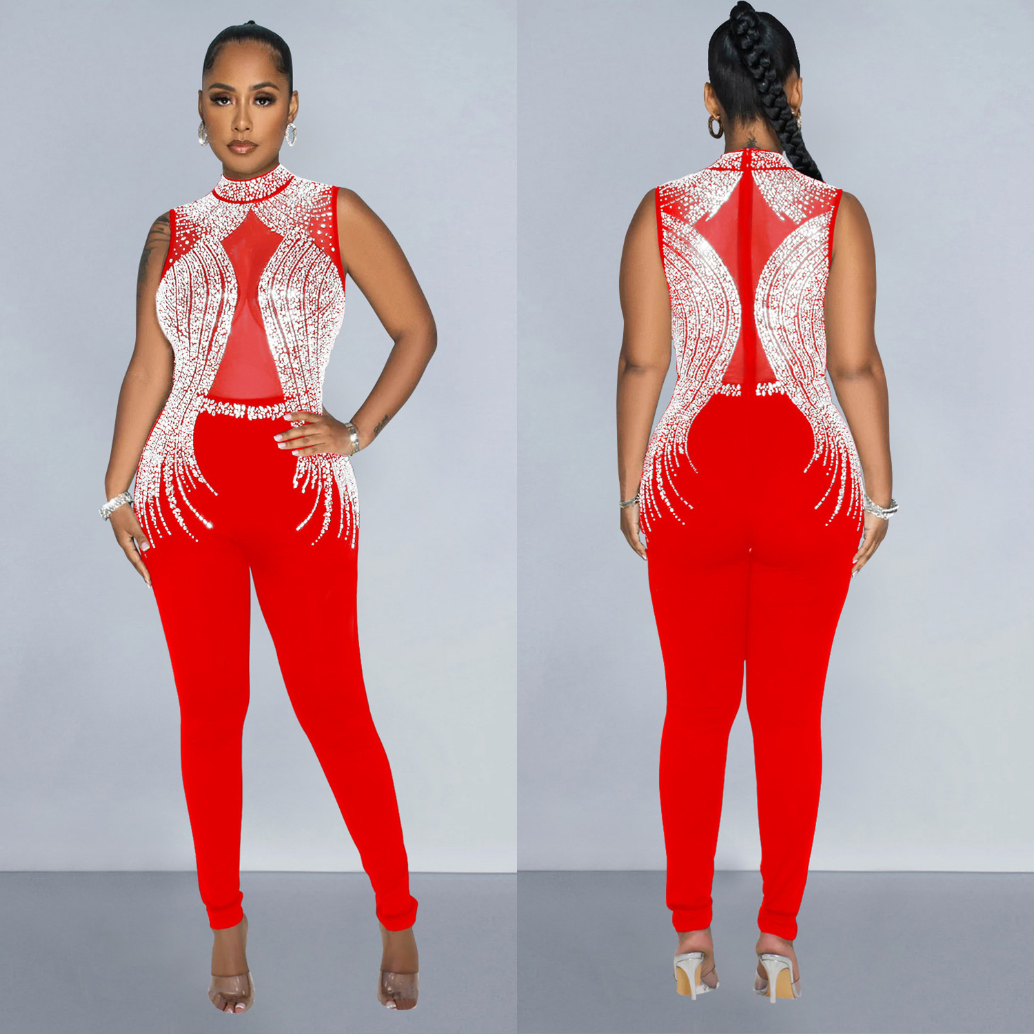 M6973 - fashion mesh sleeveless see through rhinestone bling bodycon sexy long rompers women jumpsuit