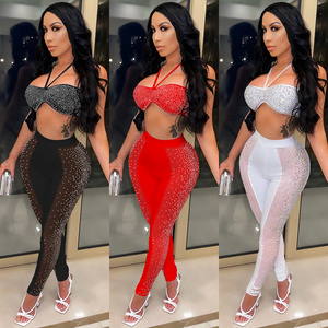 M4470 sexy cute mesh rhinestone crop top and pants women club outfits two piece set