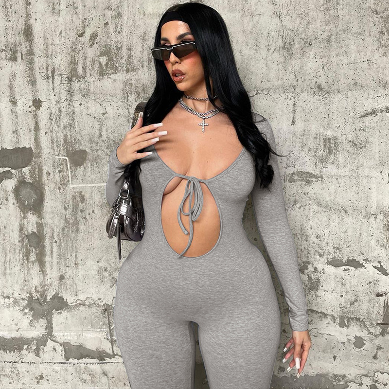 M6627 - new arrivals lady jumpsuit bodycon solid color long sleeve sexy hollow out bandage long jumpsuit women