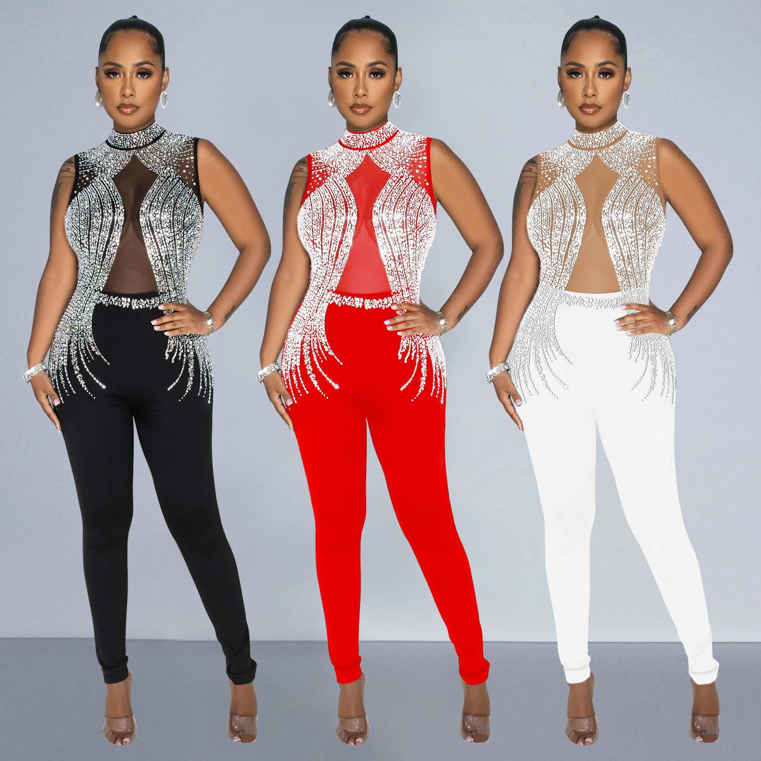 M6973 - fashion mesh sleeveless see through rhinestone bling bodycon sexy long rompers women jumpsuit