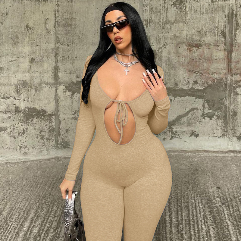 M6627 - new arrivals lady jumpsuit bodycon solid color long sleeve sexy hollow out bandage long jumpsuit women