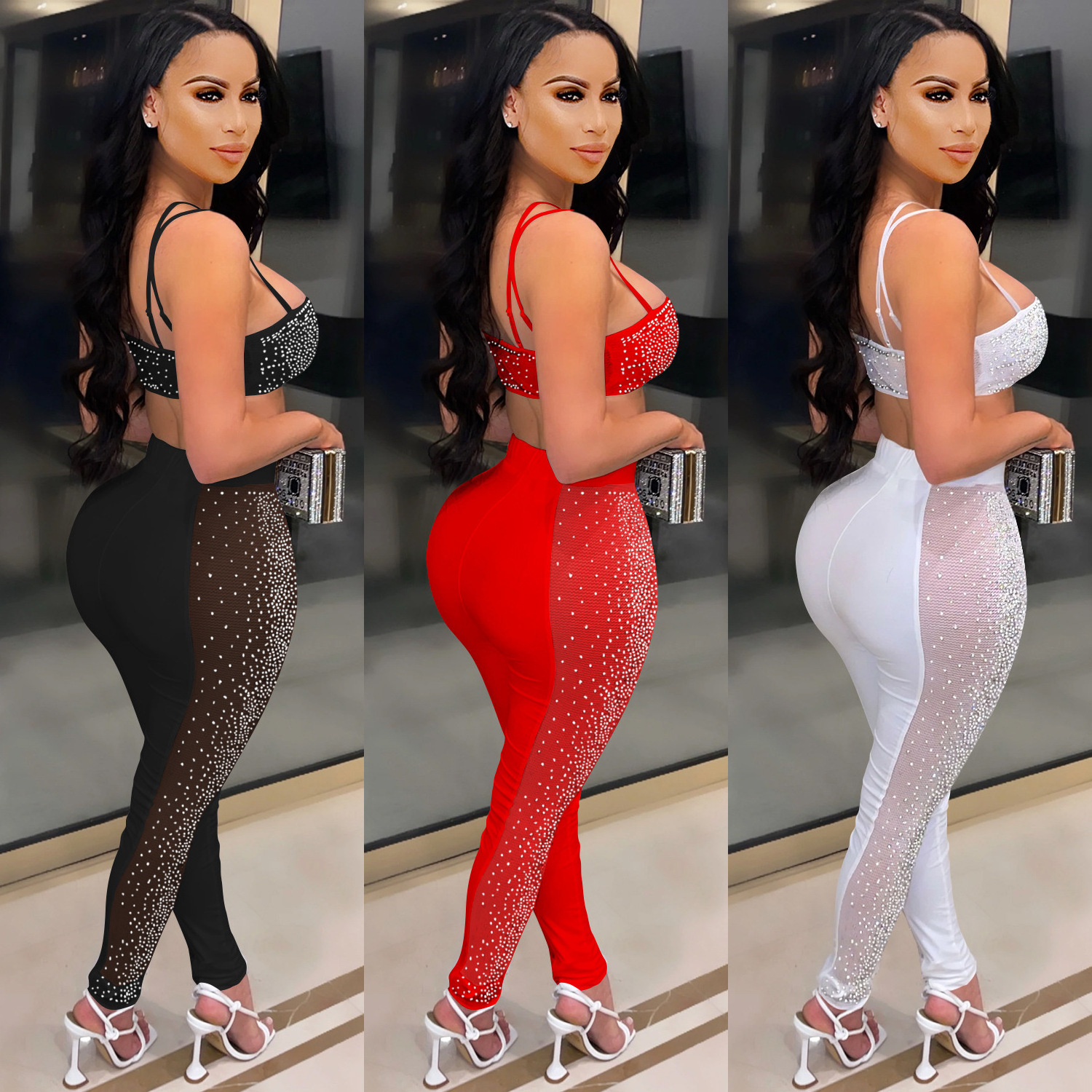 M4470 sexy cute mesh rhinestone crop top and pants women club outfits two piece set