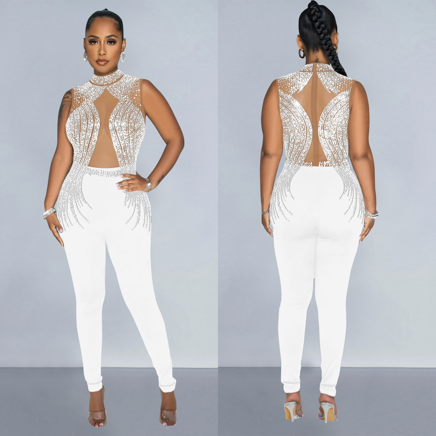 M6973 - fashion mesh sleeveless see through rhinestone bling bodycon sexy long rompers women jumpsuit