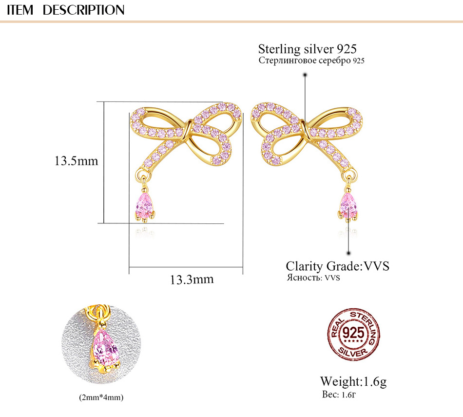 925 Sterling Silver Bowknot Earring Pink CZ Stud Earrings 18K Gold Plated Cute Jewelry Water Drop Earrings for Girl Design