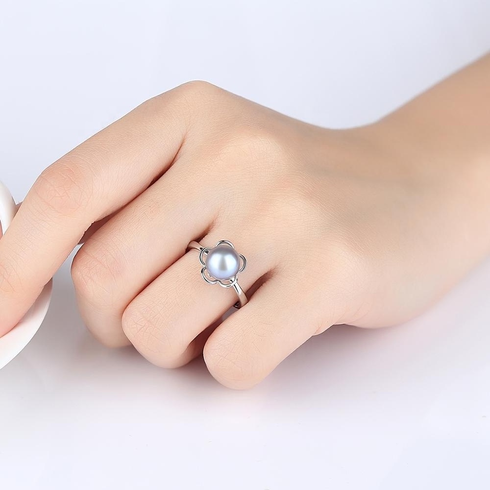 CZCITY Flower Shape 925 Sterling Silver Natural Freshwater Lady Finger Adjustable Real Pearl Ring