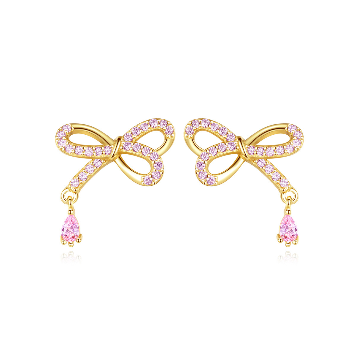 925 Sterling Silver Bowknot Earring Pink CZ Stud Earrings 18K Gold Plated Cute Jewelry Water Drop Earrings for Girl Design