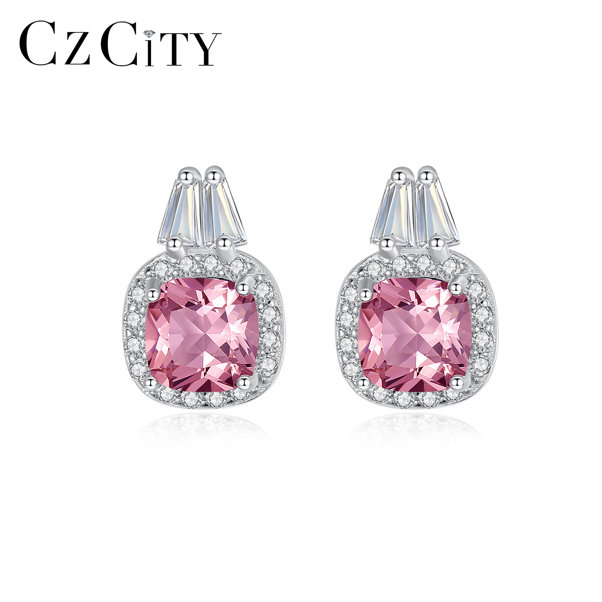 Iced Out Baguette Pink CZ S925 Sterling Silver Stud Earrings Women Bling Wedding Jewelry Wholesale Zircon Earring