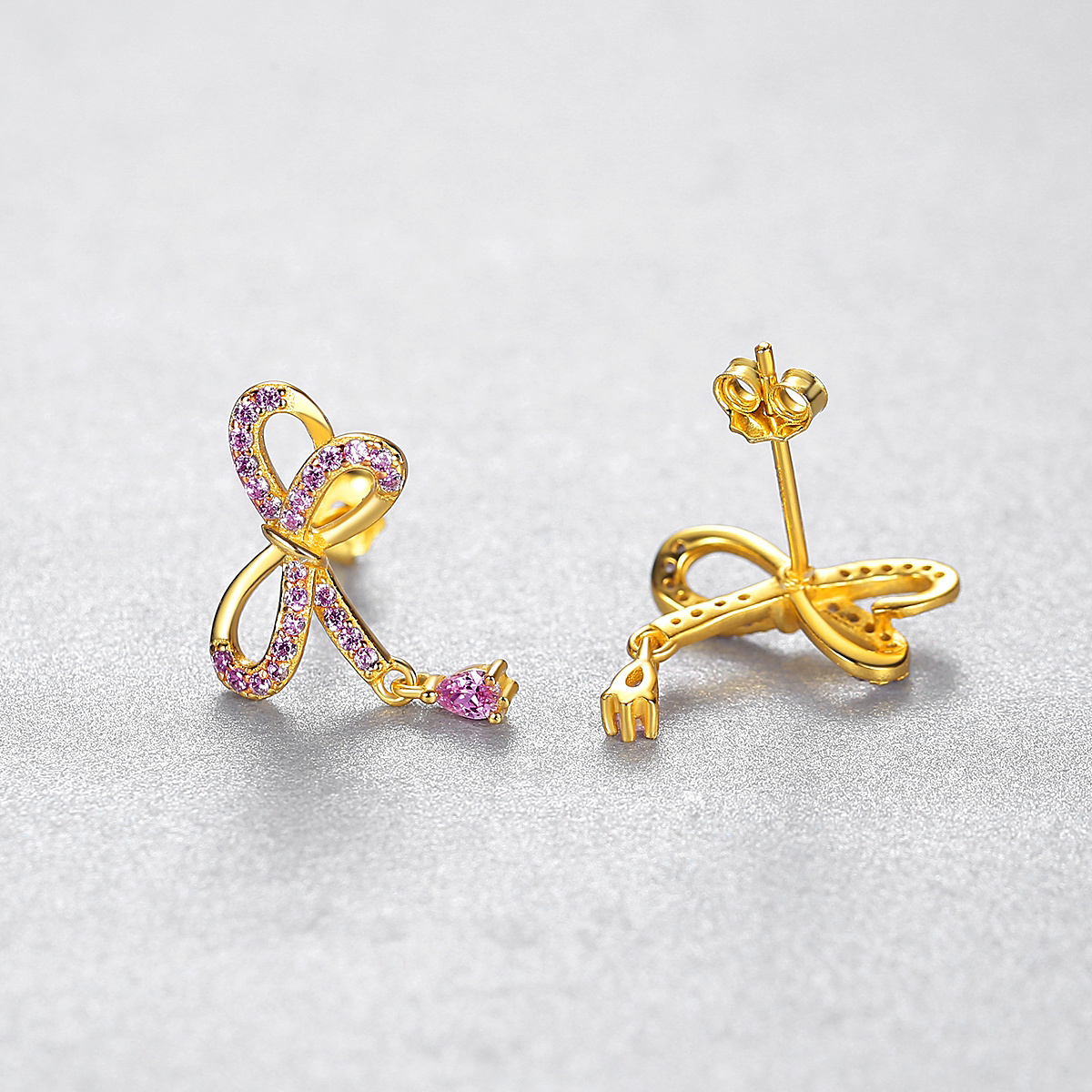 925 Sterling Silver Bowknot Earring Pink CZ Stud Earrings 18K Gold Plated Cute Jewelry Water Drop Earrings for Girl Design