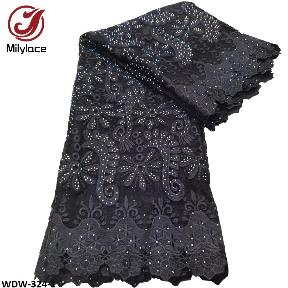 Chantilly Corded Trim Embroidery Ankara Pattern Black African French Tulle Lace Fabric with Stones