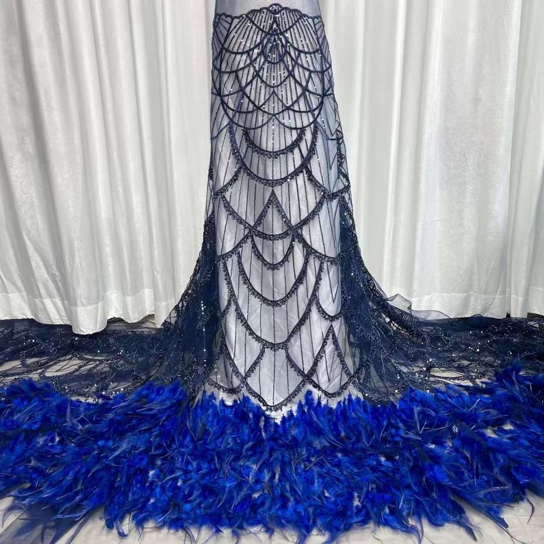 Heavy Beaded Luxury Bridal Feather Sequin Embroidery Tulle Mesh Lace Fabric