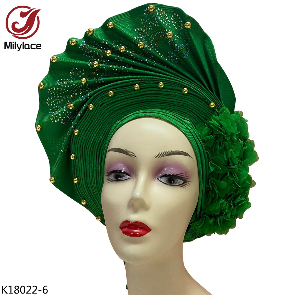 Newest Gele African Flower Muslim Turban Headwraps Beaded Headtie For Nigerian Women