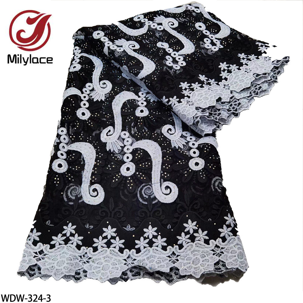 Chantilly Corded Trim Embroidery Ankara Pattern Black African French Tulle Lace Fabric with Stones