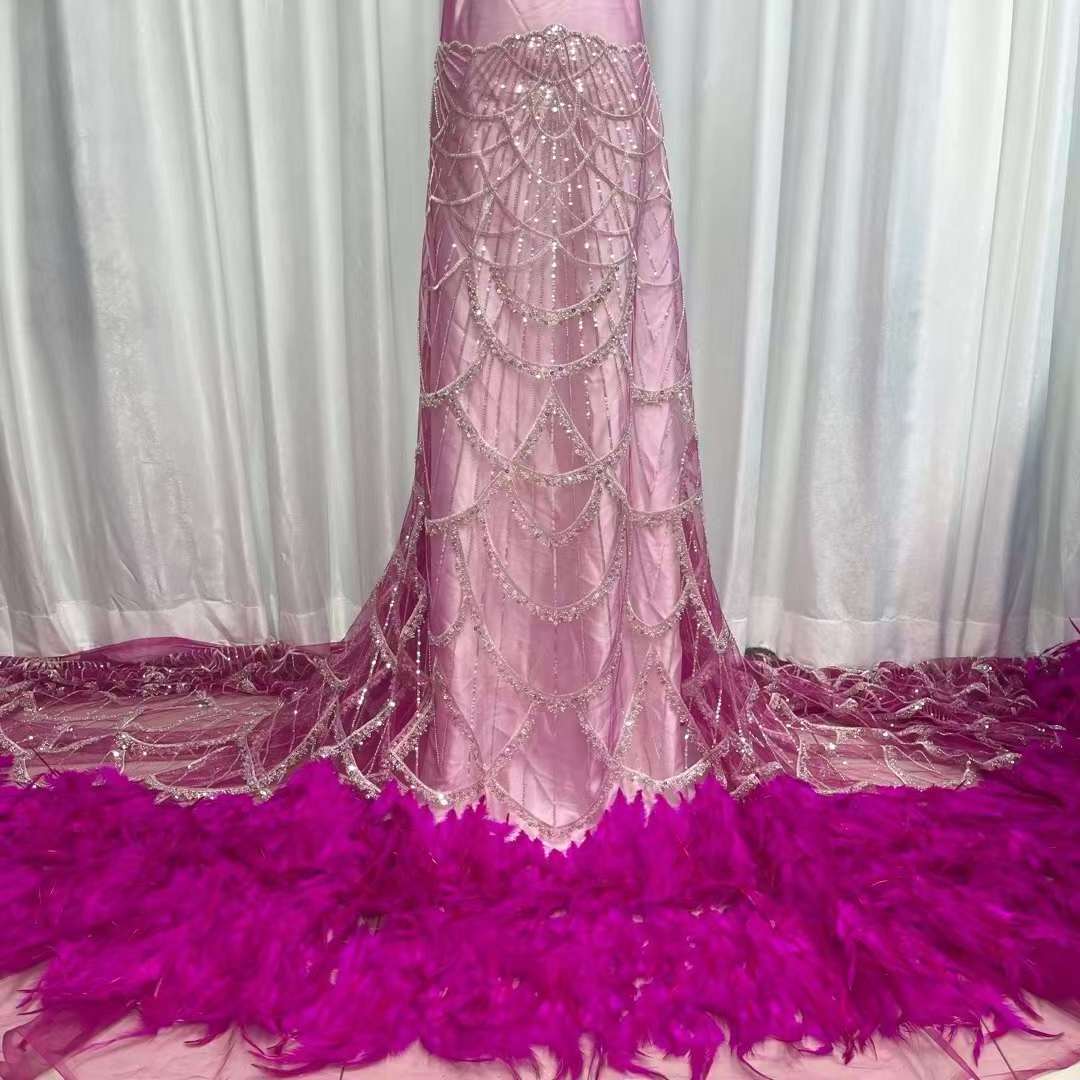 Heavy Beaded Luxury Bridal Feather Sequin Embroidery Tulle Mesh Lace Fabric