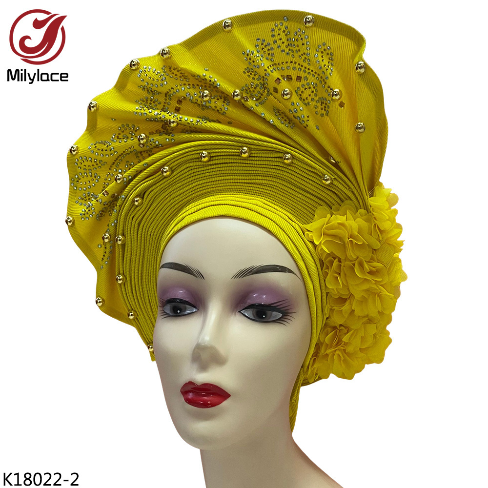 Newest Gele African Flower Muslim Turban Headwraps Beaded Headtie For Nigerian Women