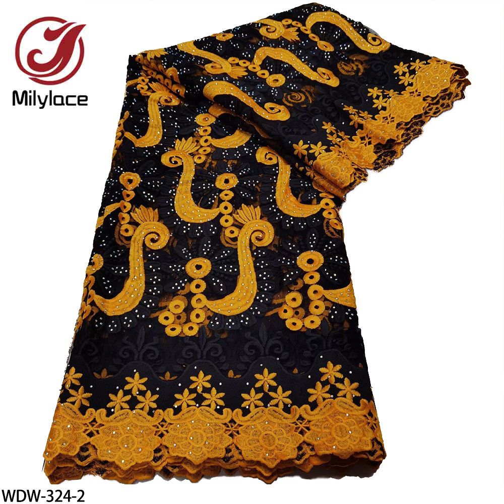 Chantilly Corded Trim Embroidery Ankara Pattern Black African French Tulle Lace Fabric with Stones