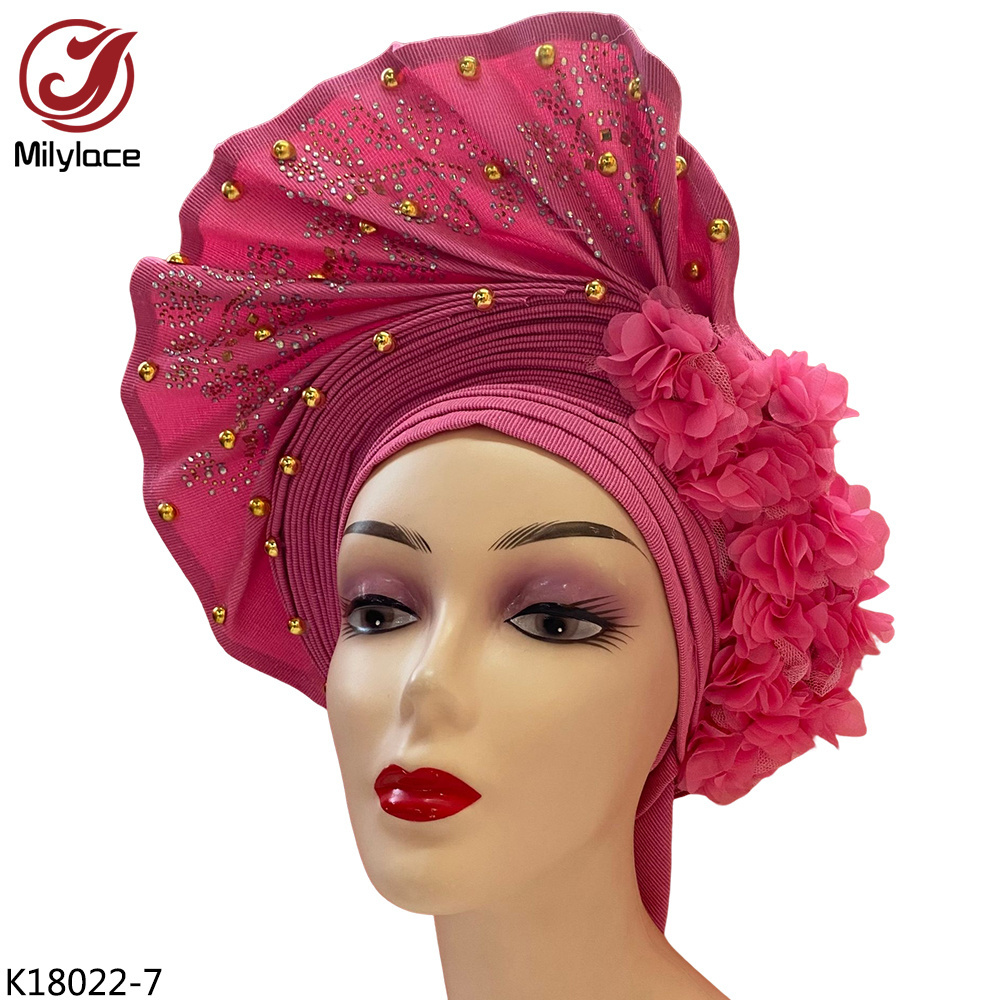 Newest Gele African Flower Muslim Turban Headwraps Beaded Headtie For Nigerian Women