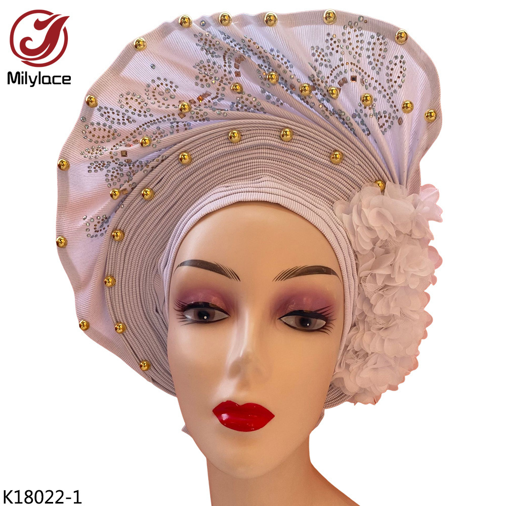 Newest Gele African Flower Muslim Turban Headwraps Beaded Headtie For Nigerian Women