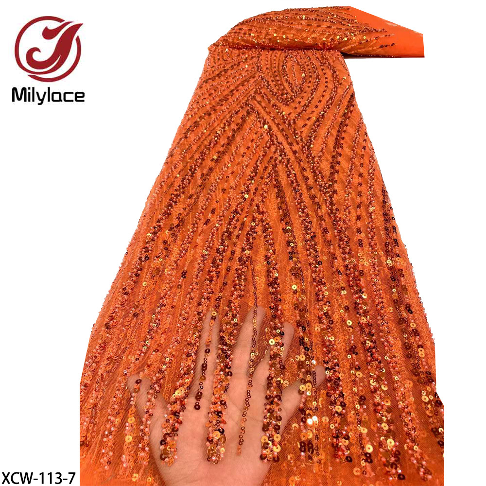 Latest Burnt Orange Heavy Handmade Bead Embroidery Luxury Bridal Lace Fabric