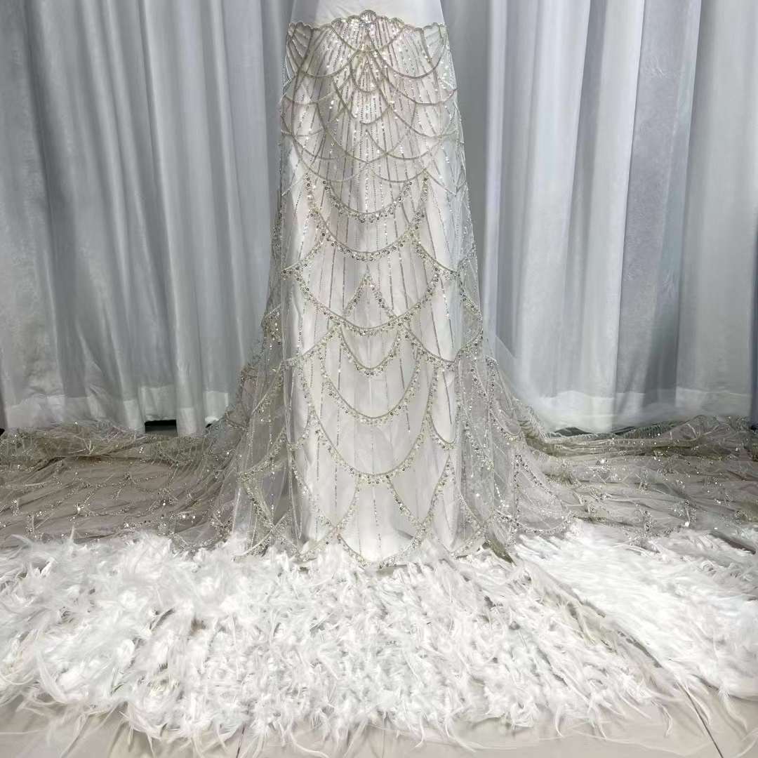 Heavy Beaded Luxury Bridal Feather Sequin Embroidery Tulle Mesh Lace Fabric