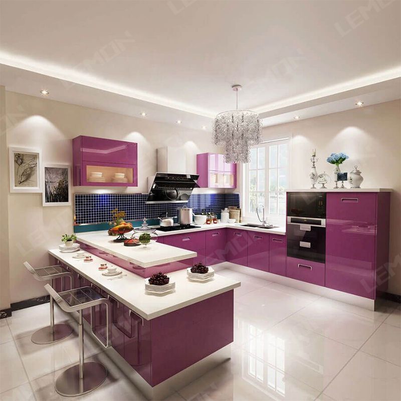 Contemporary Curved Shaped Ready to Assemble Lacquer Kitchen Cabinets with Island