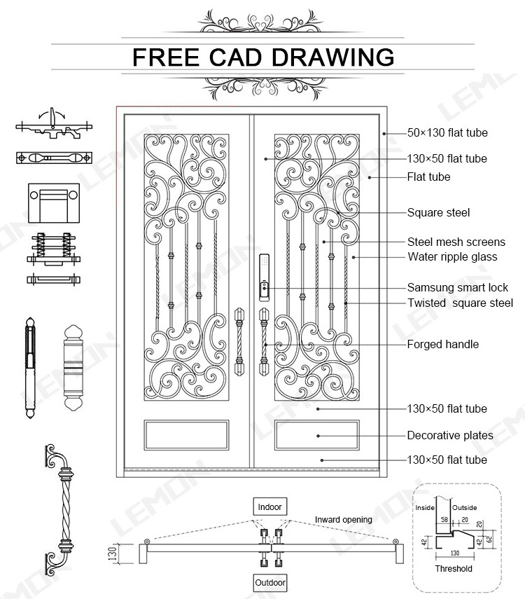 American Style  Residential Hinge Glass Door Screen Metal Hand Forged Entry Double Main Wrought Iron Door