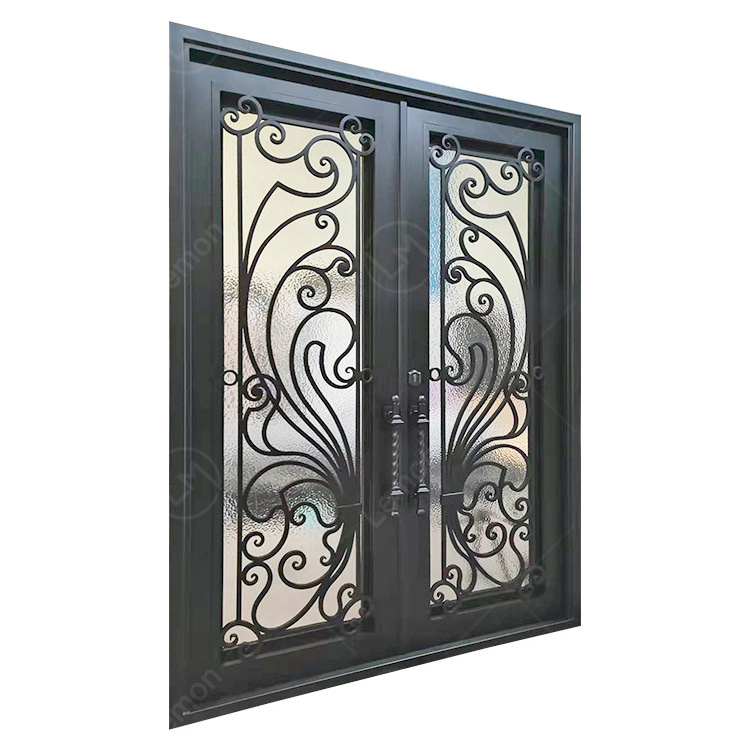 American Style  Residential Hinge Glass Door Screen Metal Hand Forged Entry Double Main Wrought Iron Door