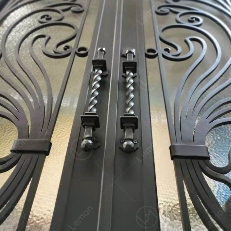 American Style  Residential Hinge Glass Door Screen Metal Hand Forged Entry Double Main Wrought Iron Door