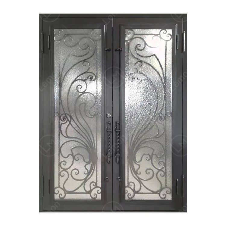 American Style  Residential Hinge Glass Door Screen Metal Hand Forged Entry Double Main Wrought Iron Door