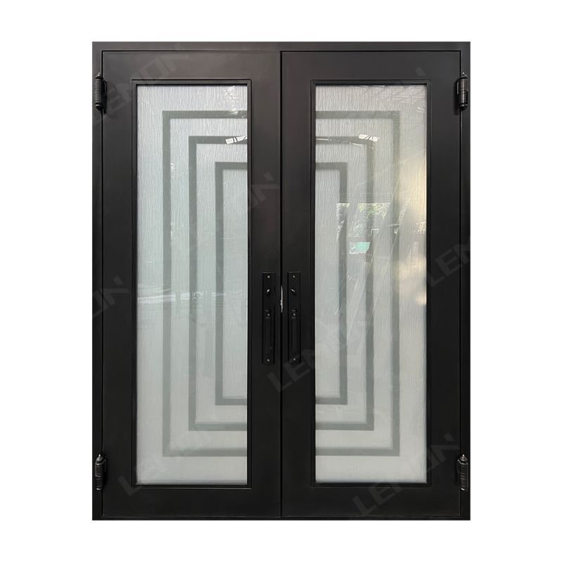 Italian Latest Design USA Intelligent Lock Galvanized Exterior Wood Grain Glass French Wrought Iron Door Exterior