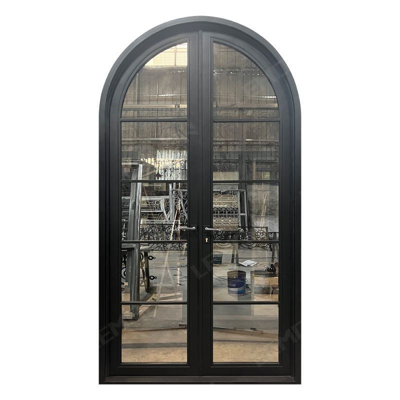 European Modern Galvanized Metal Patio Entry Steel Cast Double French Interior Arch Wrought Iron Glass Door For House