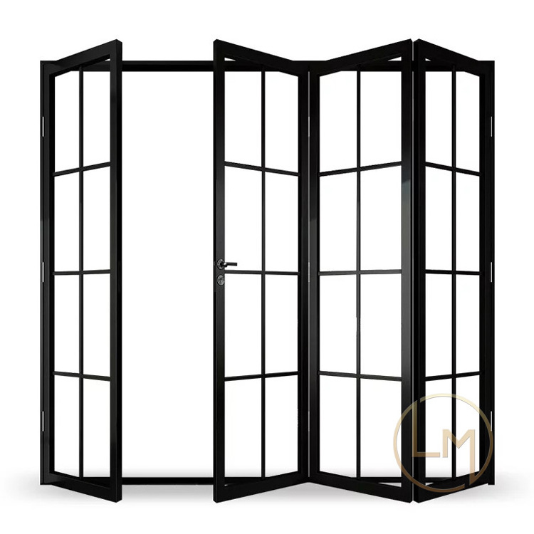 Patio Black Bi Fold Clear Glass Metal Grill Steel Wrought Iron Bi-Fold Door For House Office