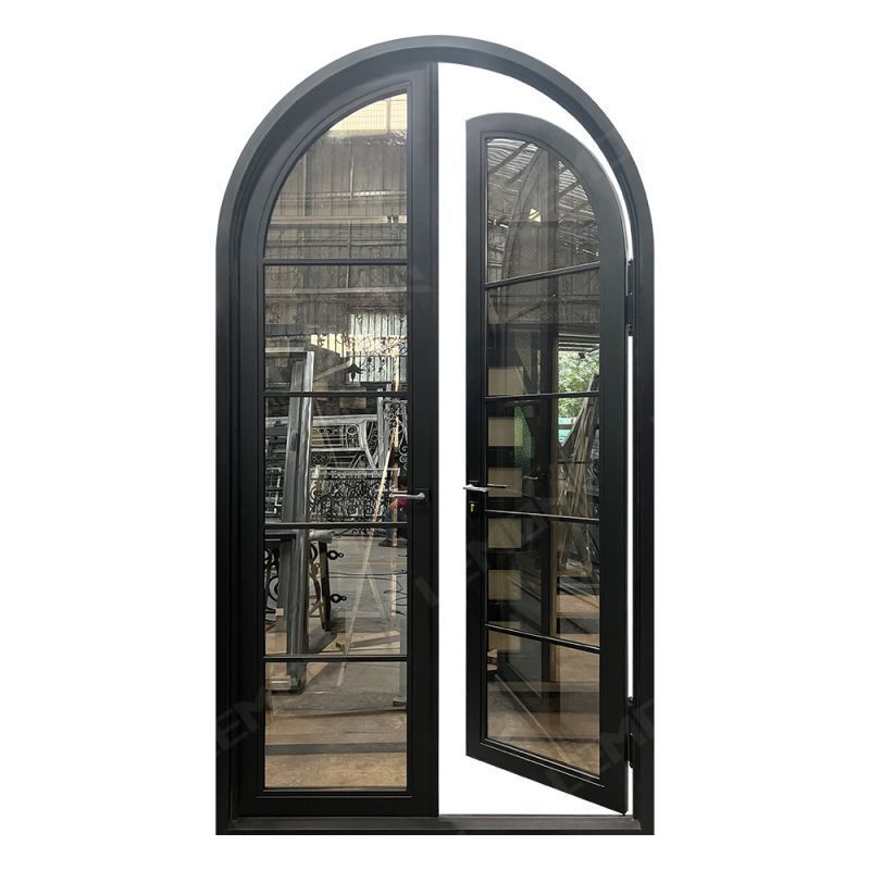 European Modern Galvanized Metal Patio Entry Steel Cast Double French Interior Arch Wrought Iron Glass Door For House