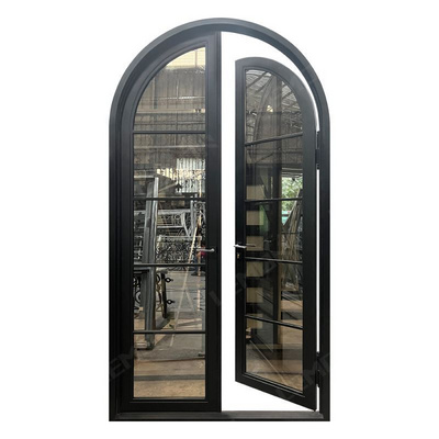 European Modern Galvanized Metal Patio Entry Steel Cast Double French Interior Arch Wrought Iron Glass Door For House