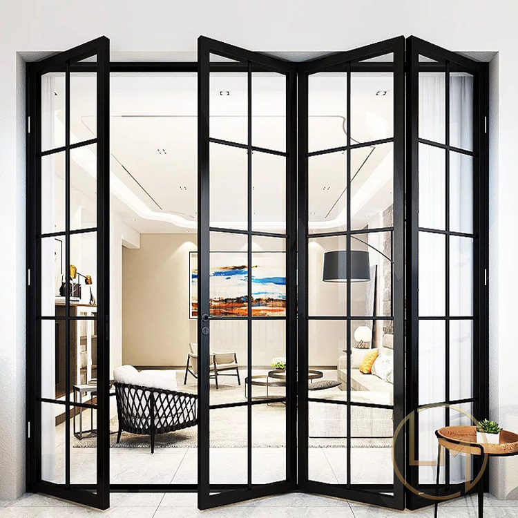 Patio Black Bi Fold Clear Glass Metal Grill Steel Wrought Iron Bi-Fold Door For House Office