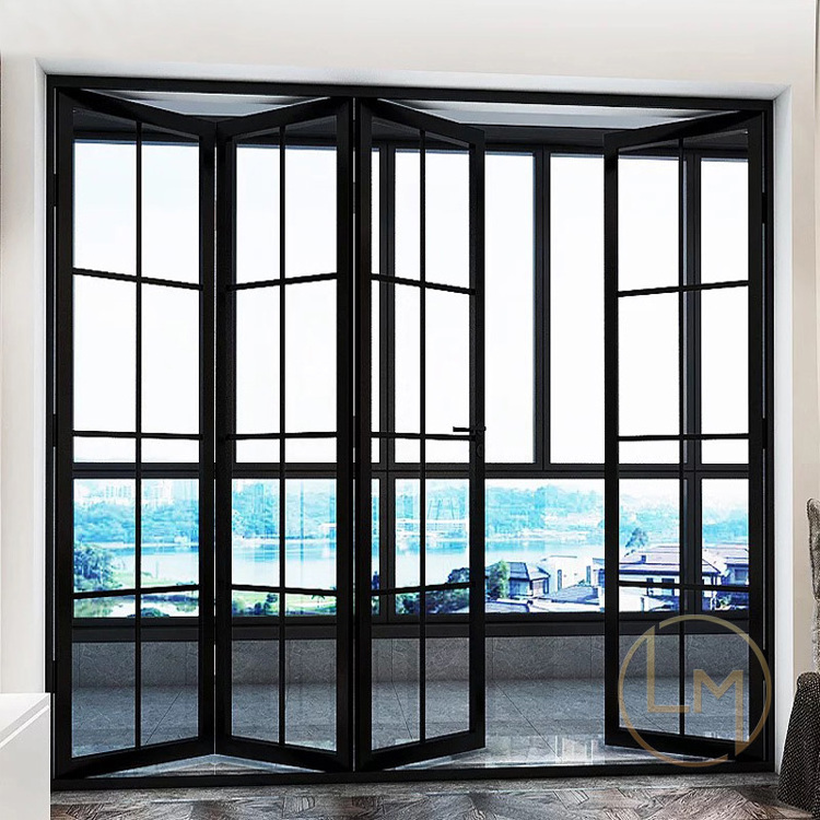 Patio Black Bi Fold Clear Glass Metal Grill Steel Wrought Iron Bi-Fold Door For House Office