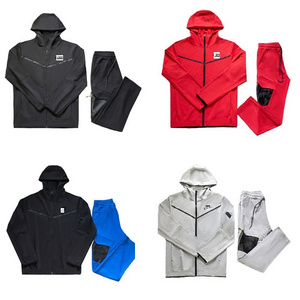 Hot Sale Men's Hooded Hook Contrast Color Casual Sports Coat Tech Fleece Sweatshirt Trousers Suit