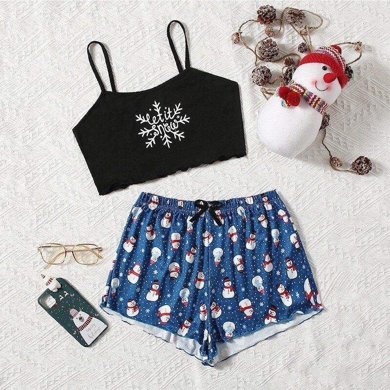 Women Pajamas Short Sets Sling Tops Hot Shorts Nightgown Two Pieces Home Night Clothes Leisure Lounge Wear Christmas Wear