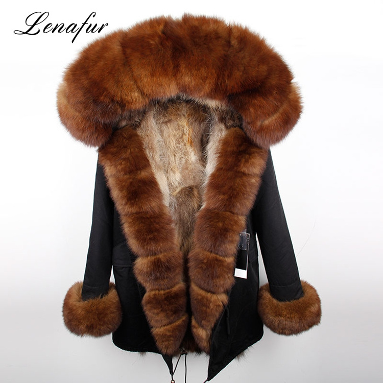 Raccoon Parka Winter Coat With Fox Fur Hooded And Placket