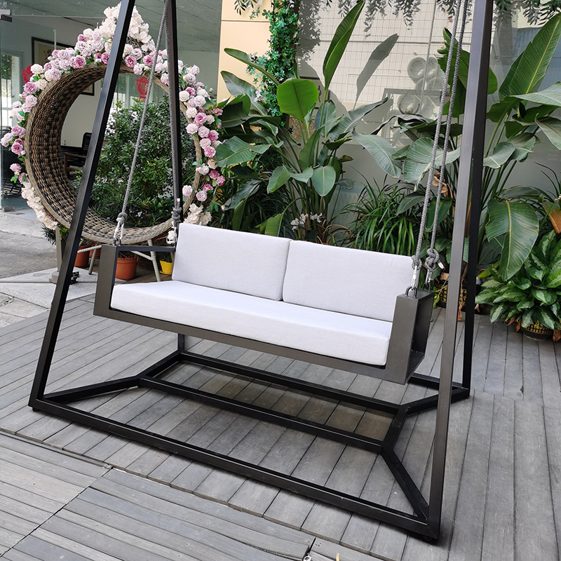 outdoor indoor hanging swing chair PE rattan metal frame with cotton rope leisure egg shape swing hanging chair