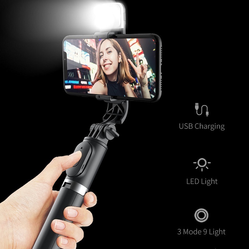 Phone Selfie Stick 1045mm with Wireless LED Fill Light Extended Tripod with Remote Shutter for Android IOS Cellphone