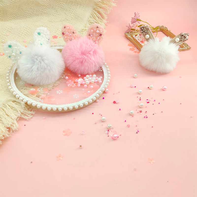 12 cm Rabbit Ears Fur Ball Bag Charms with Golden Keyring Pom Pom Fluffy Fur Ball Keychain for Car Keyring, Charm Gift