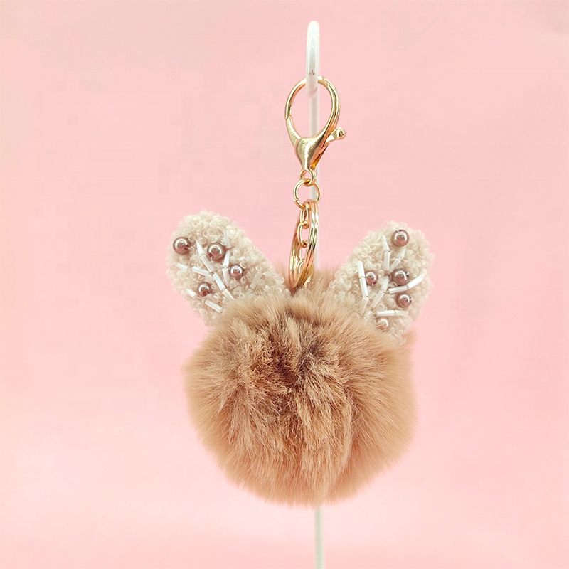 12 cm Rabbit Ears Fur Ball Bag Charms with Golden Keyring Pom Pom Fluffy Fur Ball Keychain for Car Keyring, Charm Gift