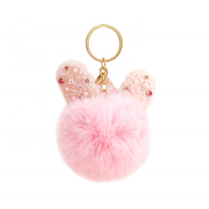 12 cm Rabbit Ears Fur Ball Bag Charms with Golden Keyring Pom Pom Fluffy Fur Ball Keychain for Car Keyring, Charm Gift