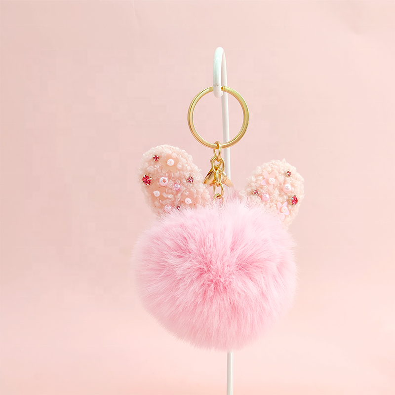 12 cm Rabbit Ears Fur Ball Bag Charms with Golden Keyring Pom Pom Fluffy Fur Ball Keychain for Car Keyring, Charm Gift