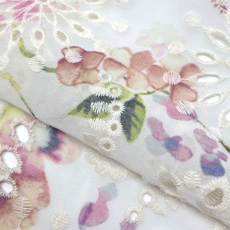 Light weight 100% polyester woven floral print chiffon embroidery fabric for women blouses