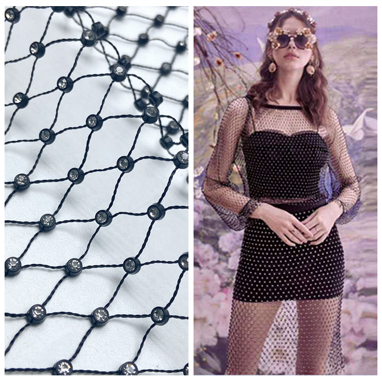 Sexy clothing knitted polyester chain mail black shine diamond rhinestone mesh fabric for garments