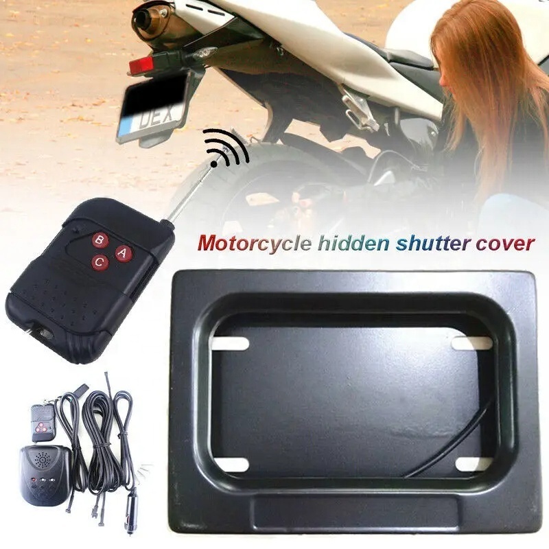 USA Electric Motorcycle License Plate Frame Set Square Shape Remote Motorbike Cover with Hide-Away Shutter Car Usage