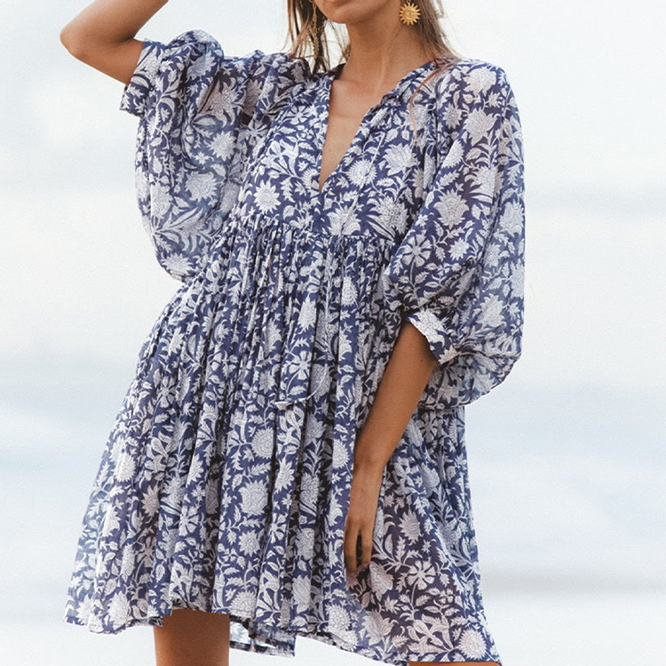 Women Floral Boho Midi Dress Round Neck Half Lantern Sleeve A-line Bohemian Maxi Long Dresses Beach Dress